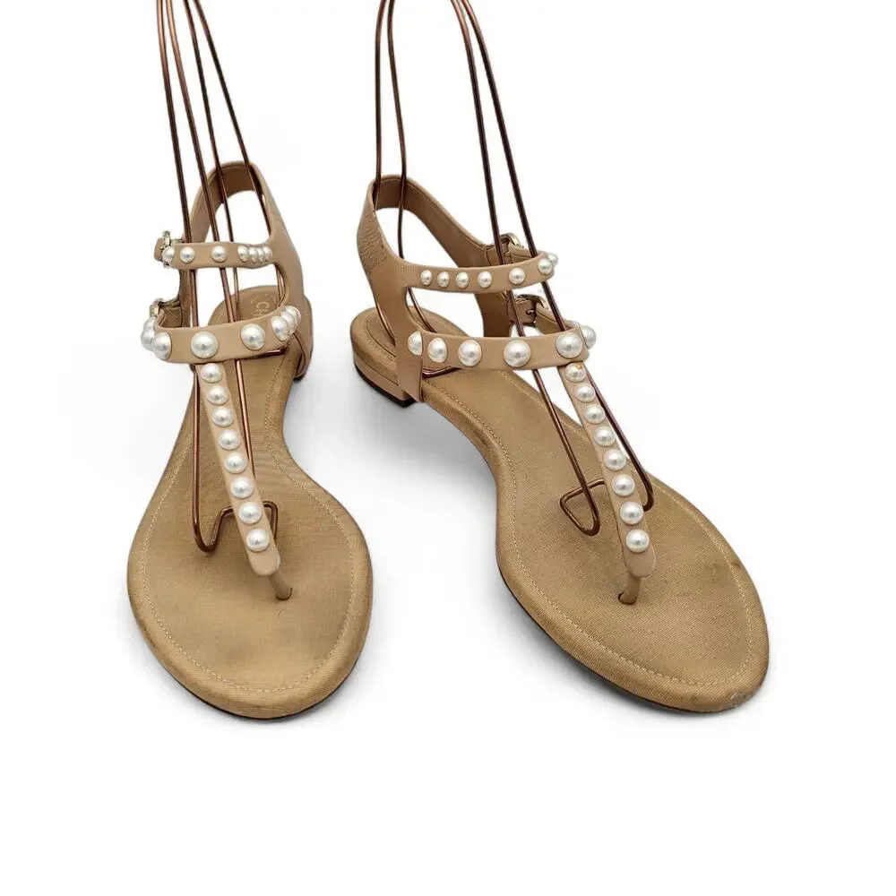 Chanel CC Pearl Flat T Strap Thong Sandal Beige Tan Leather Size 39.5 C US 8.5 9